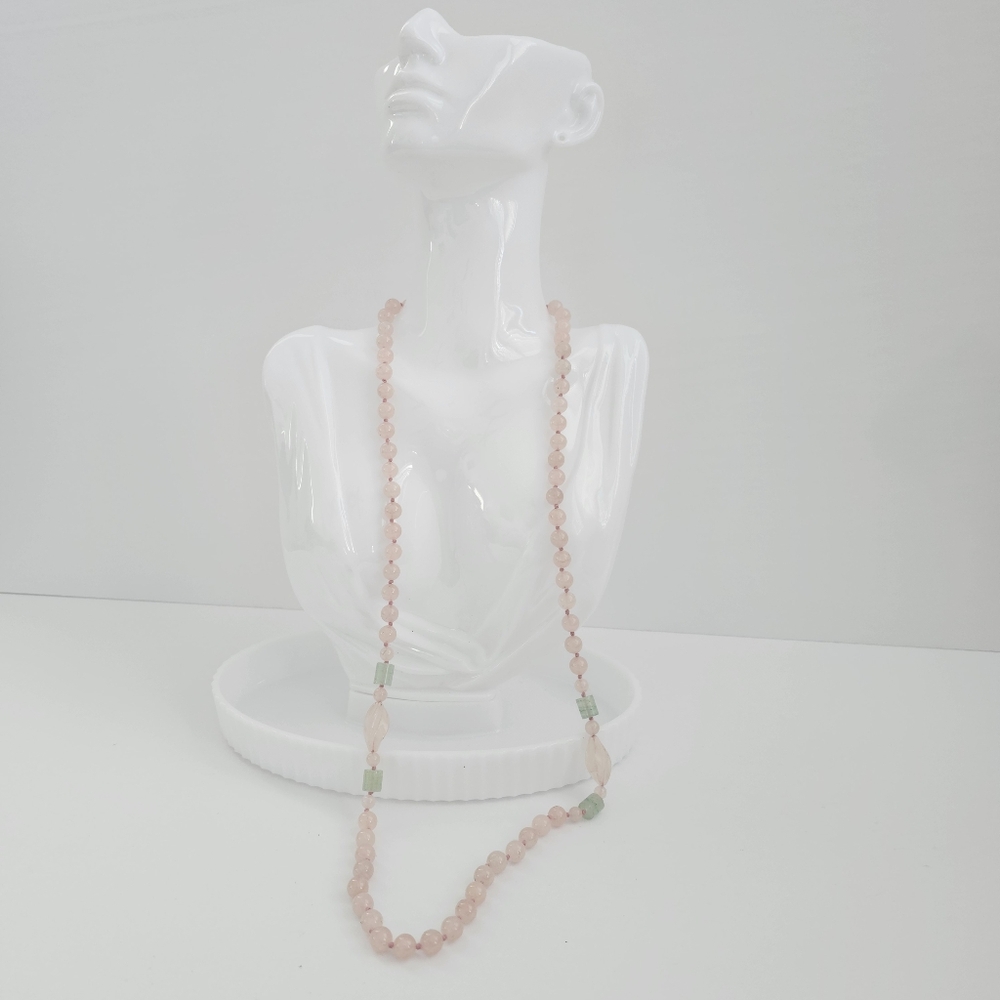 Artisan Hand-Knotted Rose Quartz Leaf & Green Aventurine Necklace - Long 40"